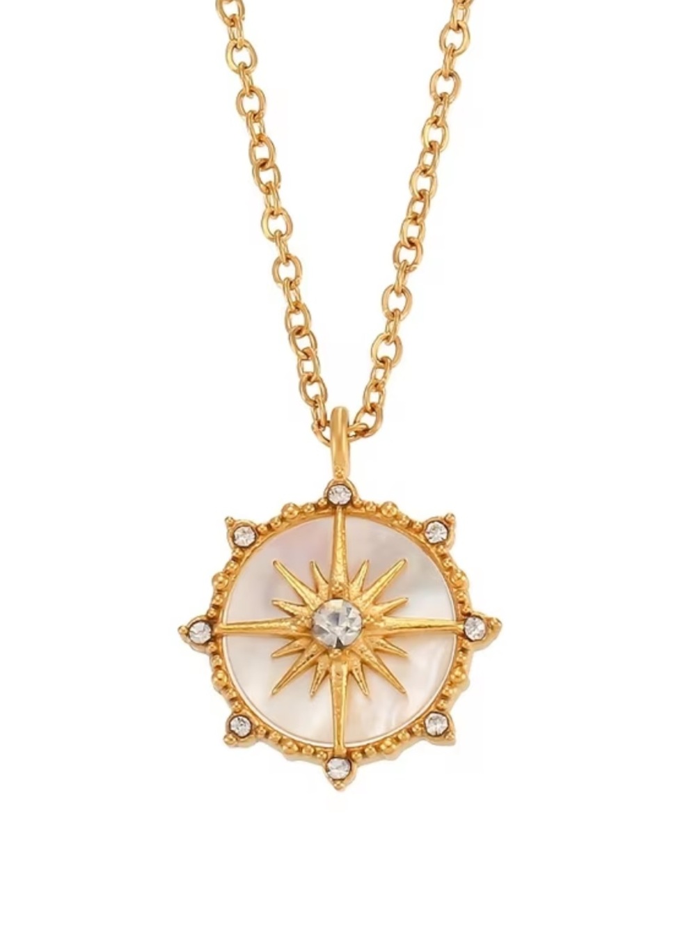 Gold Starburst Compass Pendant Necklace with Mother of Pearl